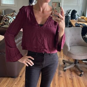 Long bell sleeve cropped V-neck blouse